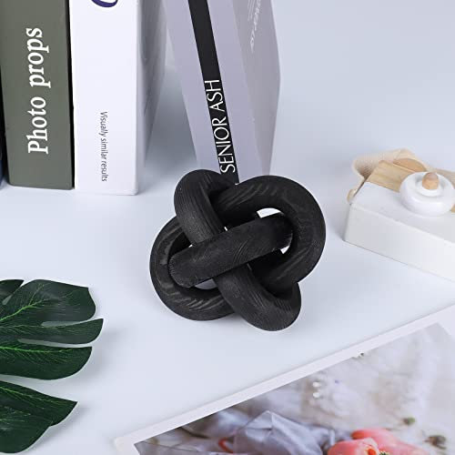 Mrinb Small 3-Link Wood Chain Link Decor, Hand Carved Art Craft Decorative Knot Ornament for Rustic Tray Shelf Home Decorations Living Room, Farmhouse Coffee Table Black, 11 cm/4.3 inches