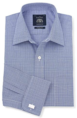 THE SAVILE ROW COMPANY LONDON Men's Classic Fit Cotton Twill Formal Shirt - Double Cuff - Blue Prince of Wales Check - 19.5 Collar - Standard