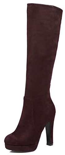 Bviennic Donna Eleganti Plateau Tacco Alto Warm Vestito Stivali Alti Serata Punta Rotonda Moda Tacco A Blocco Stivali Equitazione Marrone Numero 35 Eu