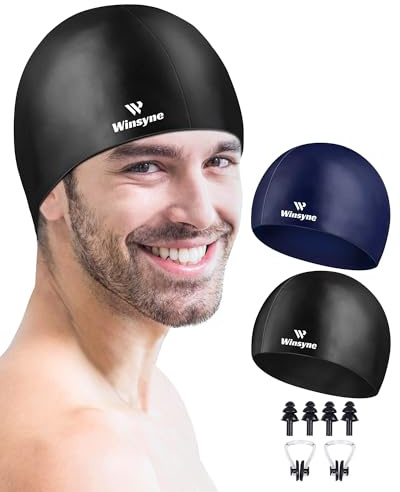2 Pack Silicone Swim Cap for Men Women, Unisex Adult Swimming Caps for Short/Long Hair to Keep Hair Dry, Waterproof Bathing Caps for Swimming with Ear Plugs & Nose Clip Set(Black&Navy)