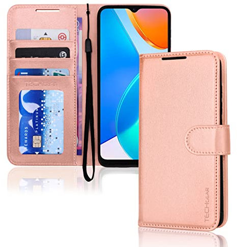 TECHGEAR Custodia in Pelle Compatibile con Honor X6 4G / Honor X8 5G, Cover Libro Protettiva con Slot per Schede, Supporto e Cinturino da Polso - Pelle Sintetica Cover Portafoglio (Oro Rosa)