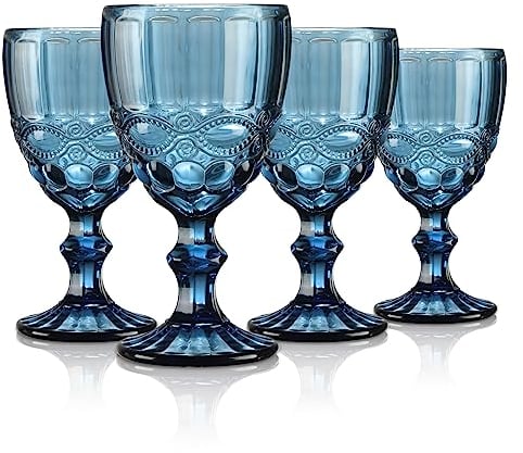 Joeyan Blau Vintage Weingläser mit Geprägtem Design,Farbiger Relief Rotweingläser Weißweingläser,Trinkglas,Kelchgläser,Weinkelch für Wein Saft Getränke,300 ml,Set von 4,Spülmaschinenfest
