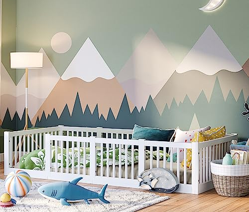Bellabino Teno Bodenbett 90x200 cm mit Rausfallschutz und runden Streben, Montessori Kinderbett für Jungen und Mädchen aus Kiefer Massivholz inkl. Lattenrost weiß lackiert