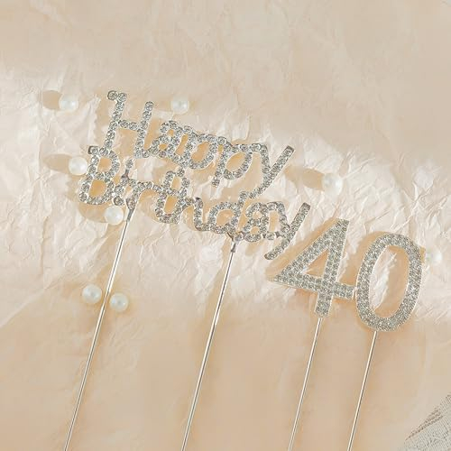 YYUENGTAK 40 Happy Birthday Cake Topper Geburtstag Kuchen Dekoration, Silber Strass deko, Mädchen glitter cake topper,Geburtstagsfeiern, Hochzeitsfeiern