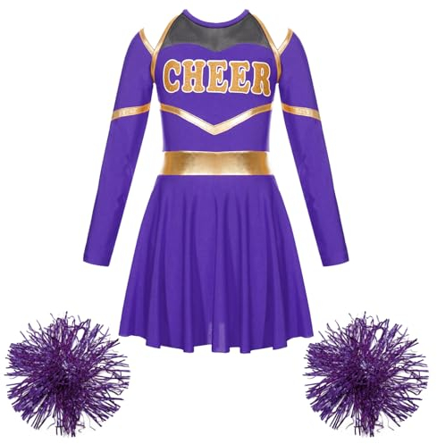 Alvivi Mädchen Cheerleading Kostüm Cheer Leader Langarm Kleid mit Pompoms Schulmädchen Uniform Halloween Karneval Fasching Partykleid Lila 158-164