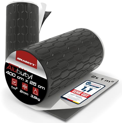 HASKYY Alubutyl Dämmmatte Schallschutz 2x Rollen 400x25 cm - 2m² Dämmung für KFZ, LKW, Wohnmobile, Bus - Stärke 2mm Selbstklebend, Wasser- & Temperaturbeständig - Lärmschutz & Schalldämmung