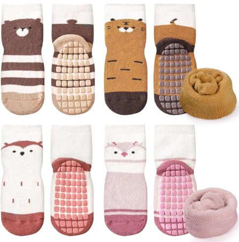 Simpeak Chaussettes Antidérapantes Bébé Épais et Chaud - Lot de 4 Paires Unisexe, Thermiques et Antidérapantes pour Enfant (1-3 ans), Style 9, M