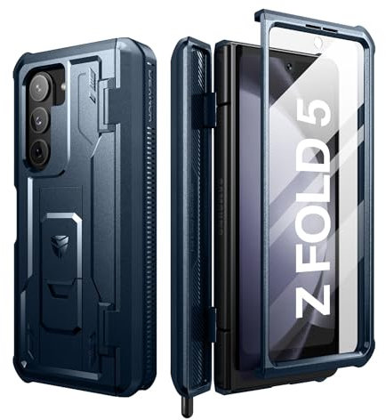 Dexnor Coque pour Samsung Galaxy Z Fold 5 5G, Boîtier Solide à Double Couche avec économiseur d'écran Intégré, Support et Fente de Stylo - Bleu Marine