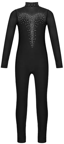 Alvivi Kinder Mädchen Eiskunstlauf Body mit Strass Turnanzug Gymnastikanzug Langarm Ballettanzug Tanzbody Fitness Sport Training Wettkampf G Schwarz 110-116