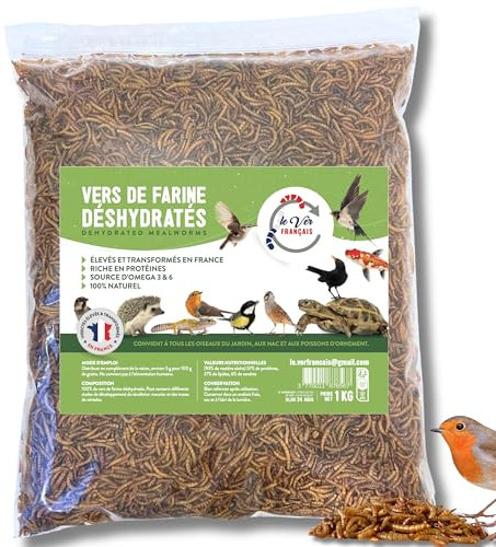 vers de Farine pour Poules, Oiseaux, Hamster, Reptiles - Séchés et Élevés en France - Riche en Protéines 55% - Nourriture Complément Alimentaire Animaux 100% Naturel (1kg)