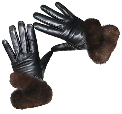 Damen-Handschuhe aus Schaffell, Lederhandschuhe, warm, flauschiges Fell, Touchscreen-Handschuhe, Nerz-Stil 02, 34
