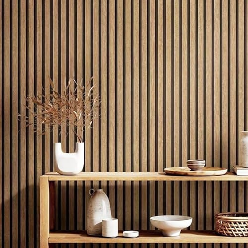 Camiraft Light Oak Wood Slats Wallpaper Natural Wooden Slats Panelled Wallpaper 6 Roll Wooden Slat Wallpaper Wood Effect Modern Realism Contemporary Feature Wall,9.5 * 0.53M