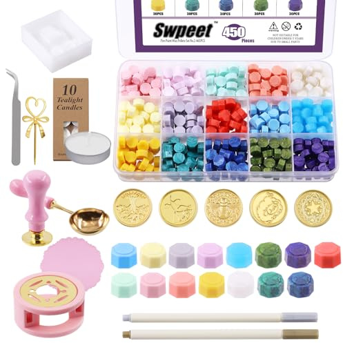 Swpeet 465Pcs Wachs Siegel Stempel Kit, Siegel Wachs Kit mit Wachs Siegel Perlen, Wachs Stempel, Wachs Warmer, Vintage Umschläge und Teelicht Kerzen für Umschläge Brief Versiegelung, Einladungskarten
