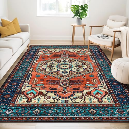 Vintage Rug 120x170cm, Washable Rugs, Living Room Rugs,Non Slip Carpet | Boho Rug, Traditional Oriental Rugs, for Bedroom, Dining Room, Office,Vintage Terracotta