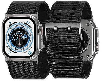Tefeca Dual Series Replacement Watch Straps with Apple Watch/Ultra, Black Sailcloth with Silver Adapters, 49/45/44/42mm
