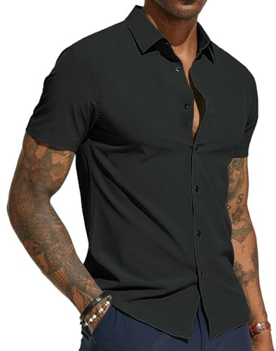 PJ PAUL JONES Chemise à manches courtes pour homme - Coupe droite - Infroissable - Chemise d'affaires - Chemise d'été, Noir-1, XXL