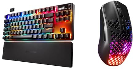 SteelSeries Apex Pro TKL Wireless HyperMagnetic Gaming-Tastatur & Aerox 3 Wireless - RGB Gaming-Mouse mit Öffnungen in der Oberfläche