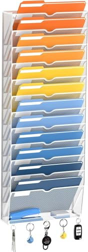 SUPTIDY 13-stöckiger Wand Zeitungshalter, Praktischer Wandorganizer Büro, A4 Dokumentenablage Mit Bodenhaken, Metall Prospekthalter, Zeitschriftenhalter Wand, Weiß