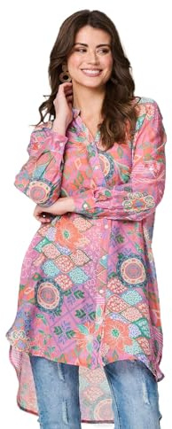 Izabel London Printed Semi Sheer Longline Blouse For Women UK with buttons, long sleeves and cuffs. Green