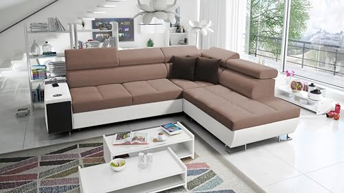 All4All Ecksofa mit Schlaffunktion Margo VII 283x221 cm - Schlafsofa mit Bettkasten - Wohnlandschaft in L-Form - XXL Sofa - Seite rechts - Gewebe mit Kunstleder - Braun/Weiß - Modern 26