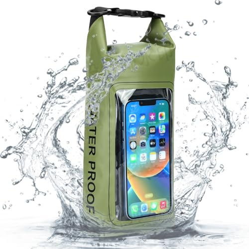 HUGSEE Wasserdichter Trockentasche, 2 l, Roll-Top, Strand-Telefontasche, leicht, für Schwimmen, Kajak, Camping, Angeln, Reisen, Grün , 2 Liter