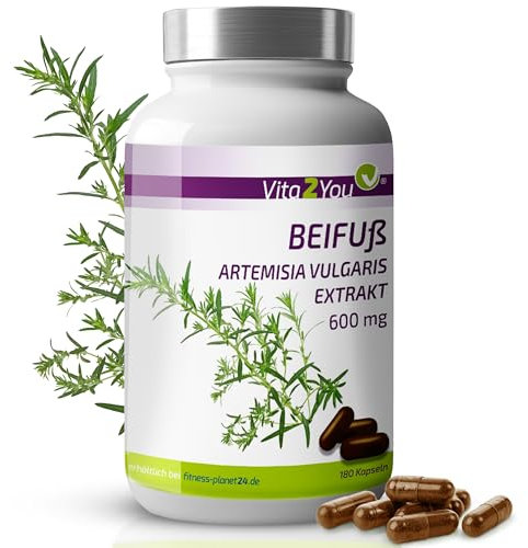 Vita2You Beifuß Extrakt - 180 Kapseln - Artemisia Vulgaris - 10:1 Extrakt 6000mg Pulver - ohne Zusätze - Hochdosiert - Flavonoide - Bitterstoffe - Premium Qualität