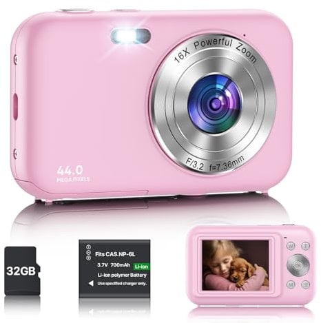 Cámara Digital, Cámara de Fotos Compacta con Tarjeta de 32 GB, Cámara de Fotos de 1080P 44 MP con Zoom Digital 16X, Baterías 700 mAh, 2.4 Pulgadas LCD para Niños, Adolescentes y Principiantes