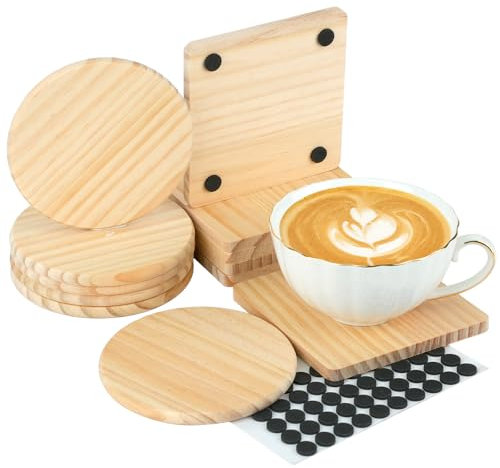 RETON 12 Stück Untersetzer Holz, 10.2cm/4in Quadratisch Rund Holzuntersetzer mit 100 weichen Fußpolstern, Glasuntersetzer Tassen untersetzer Getränkeuntersetzer für Getränken, DIY, Kunstkreation