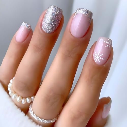 24 Stück Künstliche Nägel Kurz, Weihnachten Press On Nails zum Aufkleben, Christmas Falsche Nails Full Cover Kunstnägel mit Nagelkleber, Weihnachtsgeschenke für Frauen (H)