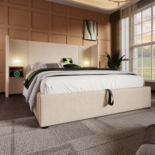 Moimhear Polsterbett Doppelbett 160×200cm mit Nachttisch, Leselampe und USB Type-C Ladefunktion, Bettanlage Stauraumbett Bettgestell mit Lattenrost aus Massivholz und Metall (cremefarben, 160x200cm)