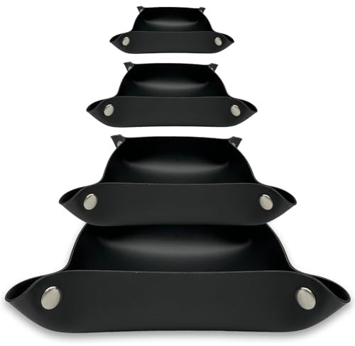 MIQIO® Design Aufbewahrungsschalen aus veganem Leder mit Druckknöpfen - 3 +1 Set - quadratischer Aufbewahrungskorb aus Kunstleder für Briefe, Schlüssel, Smartphone - faltbare Utensilo Schale - schwarz