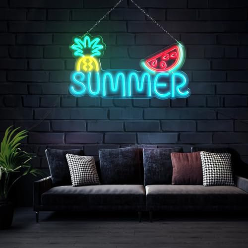 FITNATE 49.2×26.4cm Summer Fruit Party Neon Signs, LED Neon Sign for Wall Decor– Button-Dimmable LED Acrylic Light, Window Light Up Sign USB Powered for Garden Home