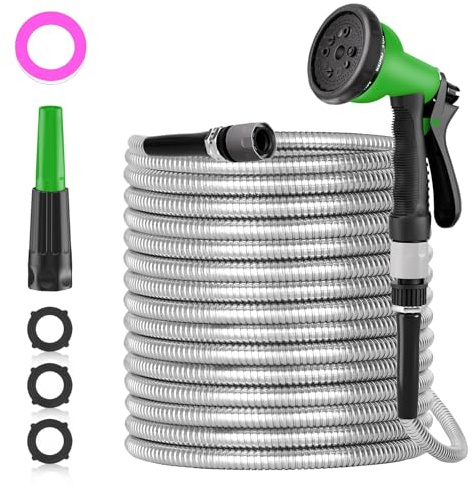 SPECILITE 200ft 304 Stainless Steel Garden Hose, Heavy Duty Metal Hose Pipe | Hosepipe 60m, No Kink/Tangle/Puncture, Flexible Metal Water Hose with 2 Nozzles, for Outdoor Washing