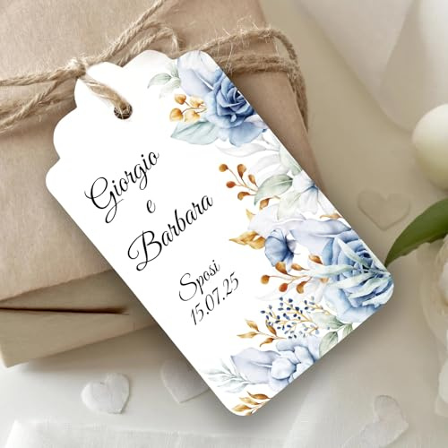 Mr Pubblicità - n. 60 Tag Bigliettini Bomboniera Personalizzati con Stampa inclusa – Etichette per Matrimonio, Sposi - Cartellini tag per bomboniere personalizzabili - Etichette (Fiori blu)