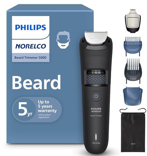 Norelco Philips Beard Trimmer 5000 Series, 100% Waterproof Beard Styler, Precision Dial with 40 Lock-in Trimming Settings, Self-Sharpening Metal Blades & Beard Hair Mess Collector, BT5775/40