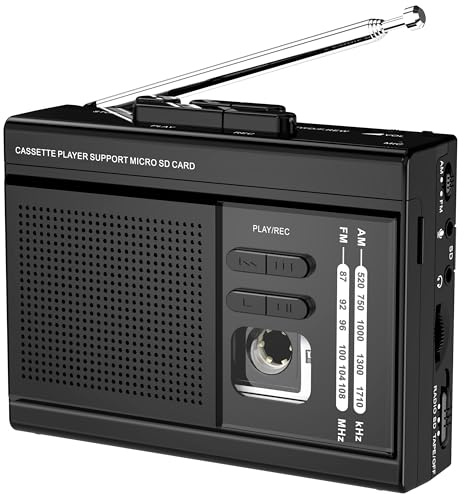 Cassette Player Recorder Converter with AM FM Radio,Cassette to MP3 via SD Card,Cassette Tape Player Support External Microphone with 3.5mm Headphone Jack Powered by Type-C or AA Battery (Black)