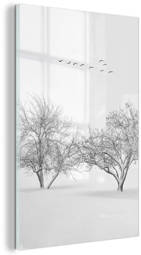 MuchoWow© Glasbilder Wanddeko Wohnzimmer Aesthetic Room Decor Deko Zimmer | 40x60 cm - Wandbilder Modern Bild auf Glas Bäume - Schwarzweiß - Natur - Vögel