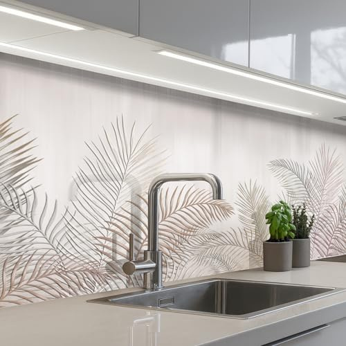 KitchenYeah© Rückwand Küche Rückwandschutz Selbstklebend Spritzschutz | 80x200 cm - Küchenrückwand Küchenfront Küchen Selbstklebende Küchenrückwände Blätter - Beige - Botanisch - Vintage