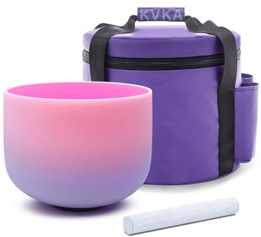 KVKA 432Hz 8 Inch Colored Design Frosted Quartz Crystal Singing Bowls with Carry Case Bag (F note -pink&purple)