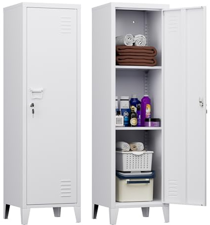 LOCENHU Metallschrank mit Belüftungsöffnung, Metallschrank mit 2 Regalböden, geeignet für Schule, Büro und Zuhause, Größe: H135 x B38 x T38 cm, muss zusammengebaut Werden, Weiß