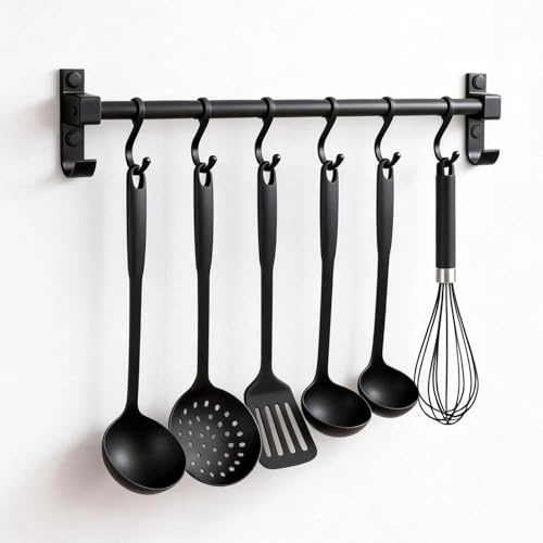 AMONENZ Utensil Rack 40 cm, Wall Hanger with 6 Movable Hooks, Aluminum Hook Kitchen, Black Shelf with Hooks, for Hanging Chopping Boards, Spoons, Scissors | With 6 movable hooks, kitchen utensil bar, kitchen rail, for hanging chopping boards, spoons, scissors