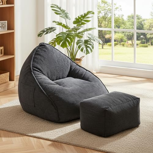 AIMSTYTO Cloud Large Bean Bag Chair with Ottoman, Corduroy Lounge Chair with 35D High-Density Foam, Beanbag Chair for Adults Boneless Floor Chair for Living Room, Bedroom & Apartment (Black)