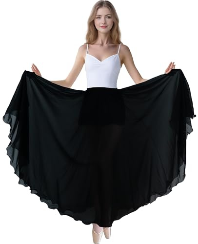 MUNAFIE Women's Chiffon Flowy Skirts Belly Ballet Dancing Long Maxi Skirt Flamenco Performance Skirt Black