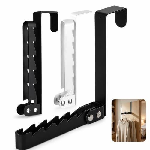 2 Pcs Folding Over Door Hanger, Foldable Portable No Drill Drying Rack | Metal, Hanger Hooks 5 Grooves Door Clothes Storage Folding Hangers for Towel Sock Coat Jacket White Black