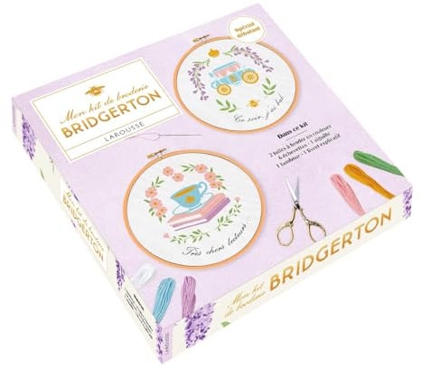 Bridgerton - Mon kit de broderie: Coffret avec 2 toiles à broder, 1 aiguille, 1 tambour en bois, 6 échevettes de fil