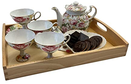 EFO Serviertablett 40x30x6 cm | Holztablett aus massivem Buchenholz mit Griffen und hohem Rand | Tragetablett für Frühstück, Küche und Deko | Küchentablett im natürlichen Stil | Klarlack