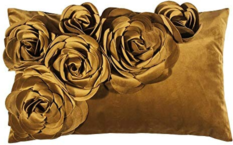 Pad - Floral - Kissenhülle, Samt Kissen, Zierkissen - 30 x 50 - Mustard - Senf - Blumenapplikationen