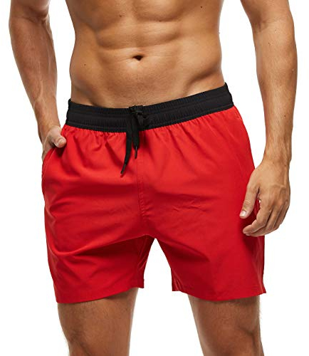 Arcweg Badehose für Herren mit Reißverschlusstasche Atmungsaktiv Wasserabweisend Badeshorts Männer Trainingsshorts Elastisch Verstellbar Mit Tunnelzug Meshfutter Schwarz/Rot S(EU)
