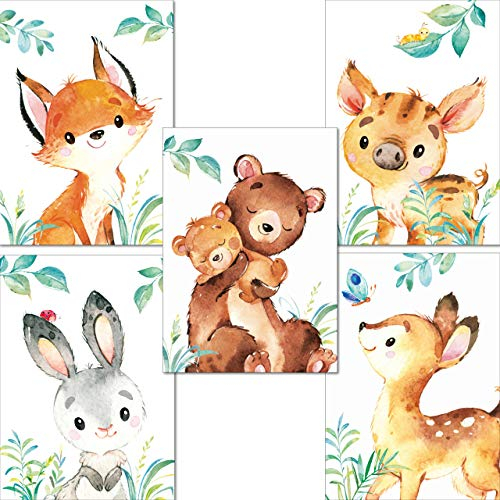 LALELU-Prints | A4 Bilder Kinderzimmer Deko Mädchen Junge | Zauberhafte Wald-Tiere | Poster Babyzimmer | 5er Set Kinderbilder (DIN A4 ohne Rahmen)