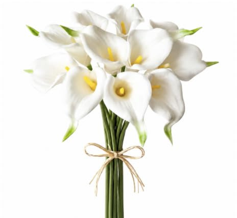 Mandy's Flores artificiales de lirio de cala blanco, 20 tallos de 13.5 pulgadas, ramo realista de poliuretano para jarrón, elegante centro de mesa de decoración del hogar, ramo de novia de boda